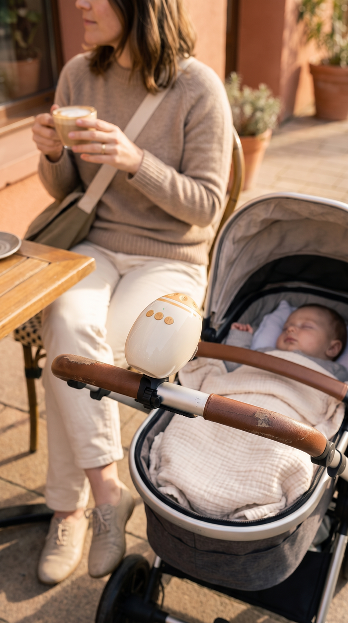 Maman en terrasse avec un café pendant que le berceur berce la poussette