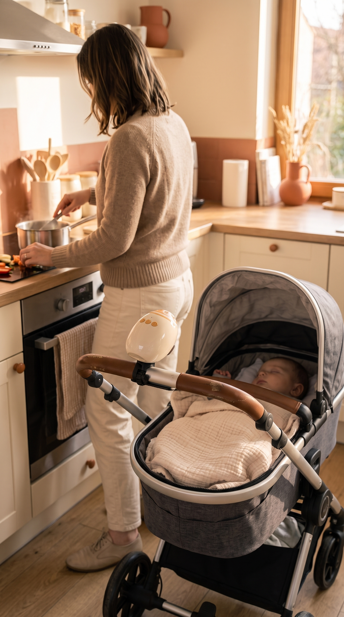 Maman qui cuisine pendant que bébé dort dans la poussette bercée
