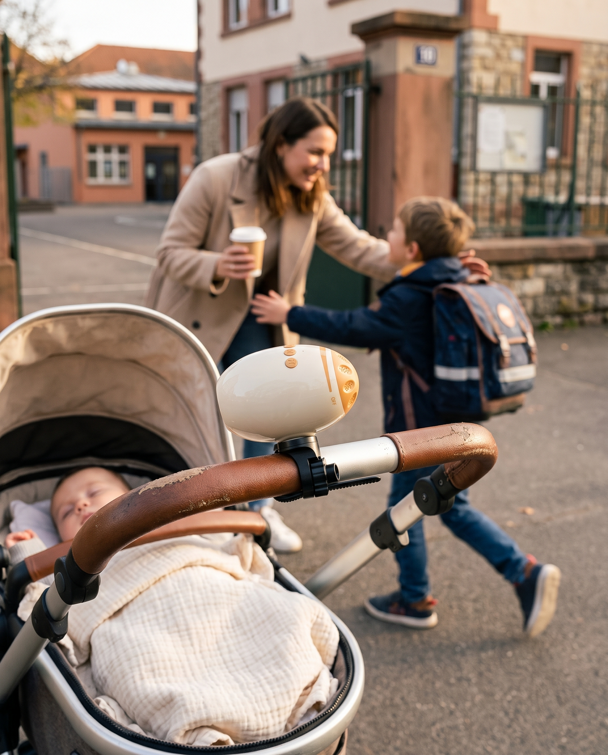 Berceur fixé sur la poussette, maman les mains libres avec son aîné