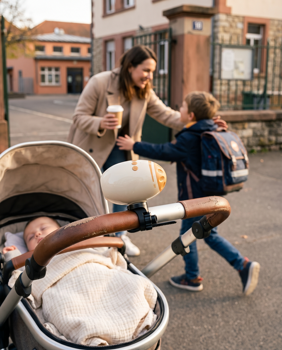 Berceur fixé sur la poussette, maman les mains libres avec son aîné