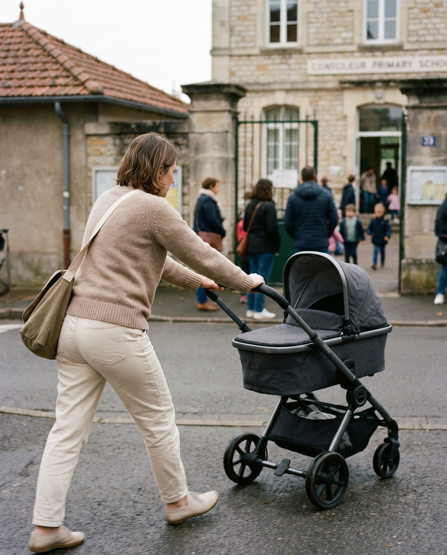 Maman qui berce sa poussette à bout de bras devant l'école