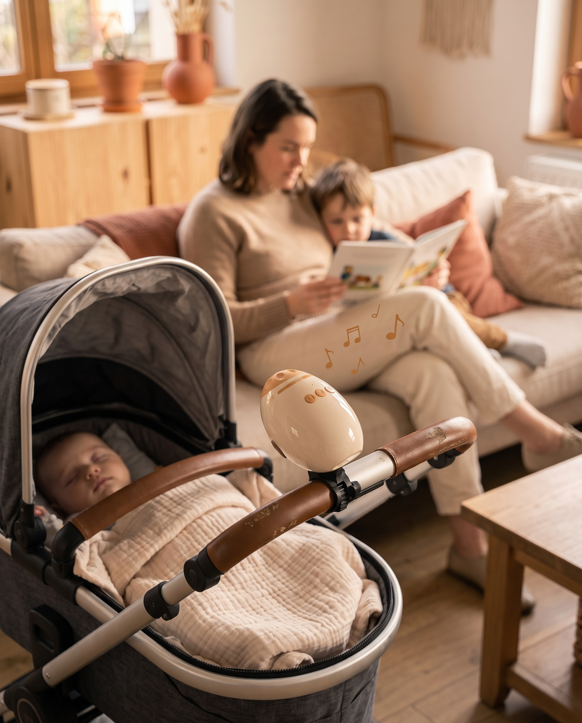 Maman qui lit une histoire à son aîné pendant que le berceur joue de la musique