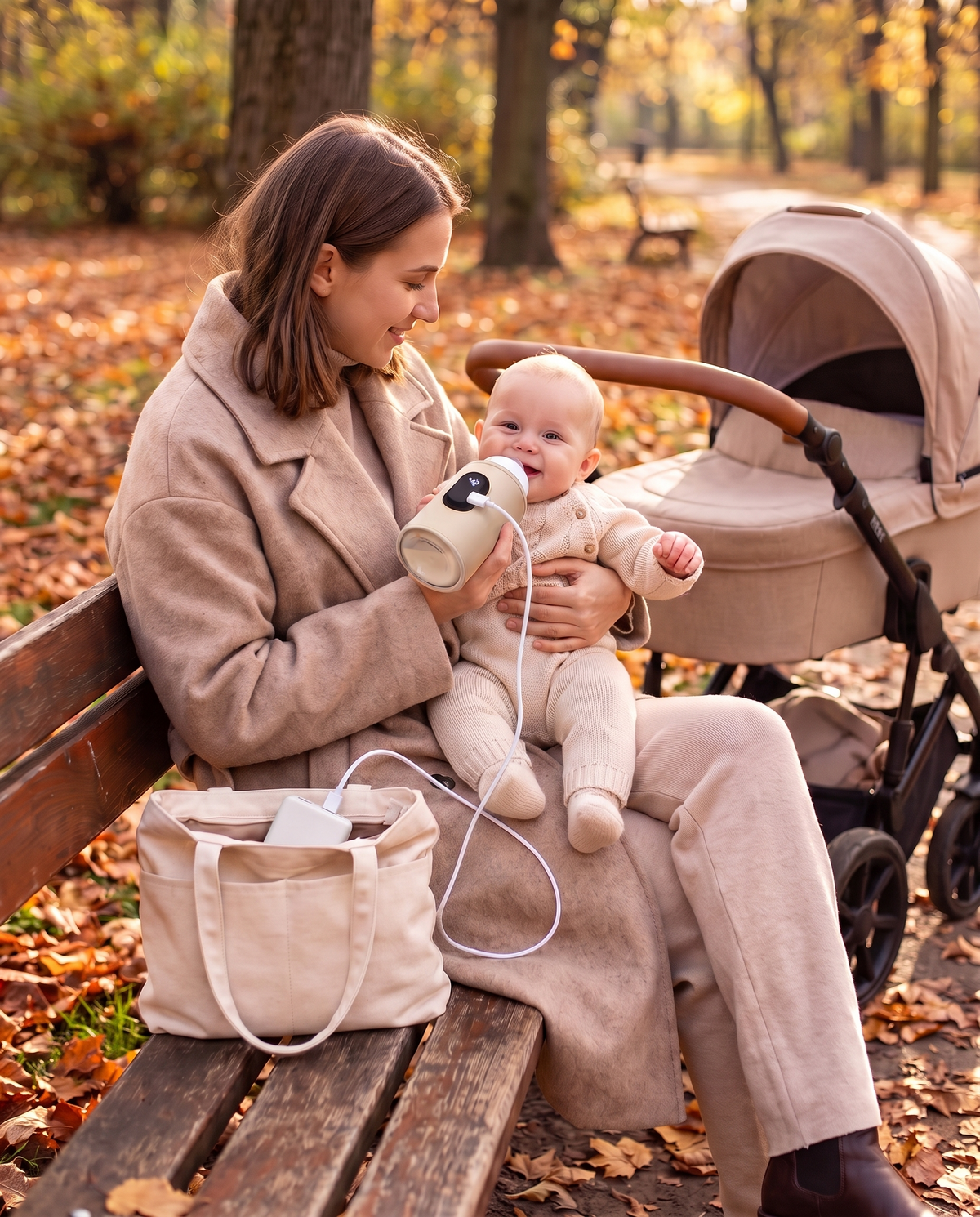 Maman qui donne le biberon réchauffé à son bébé sur un banc du parc