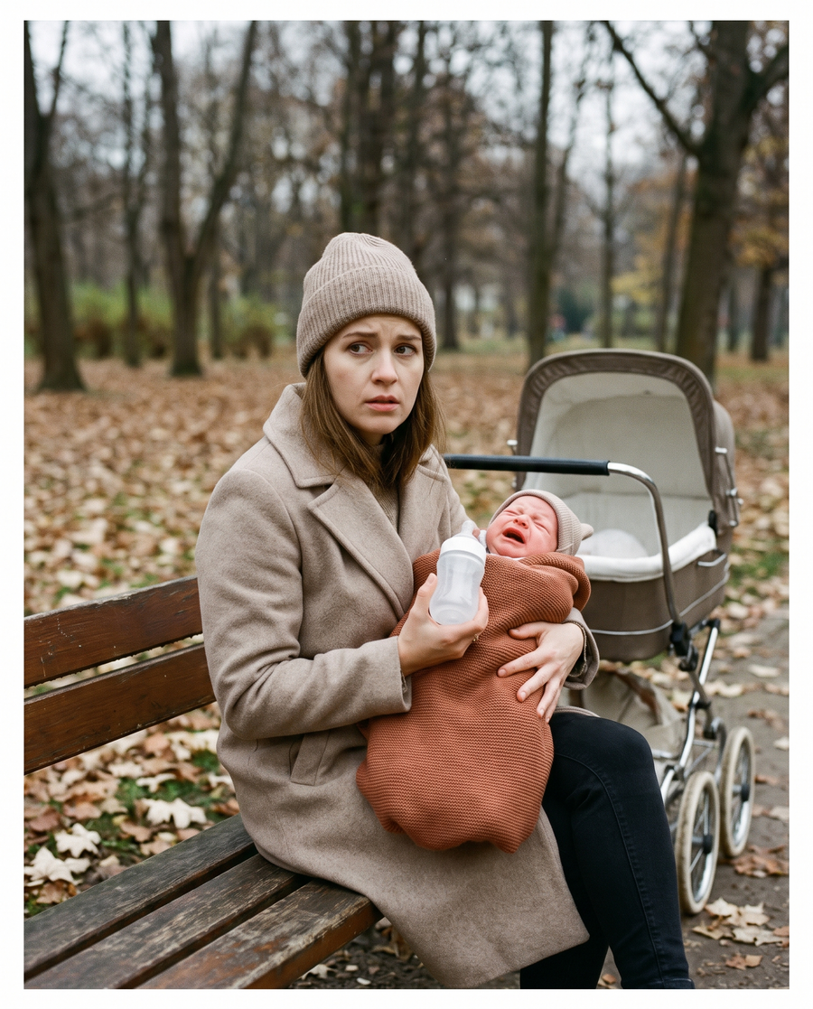 Maman au parc avec bébé qui a faim et un biberon froid