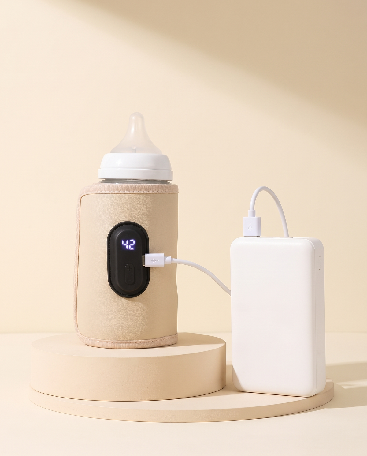 Chauffe-biberon branché en USB sur une batterie externe