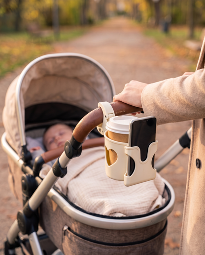 Porte-gobelet fixé sur la poignée de la poussette avec un café et un téléphone