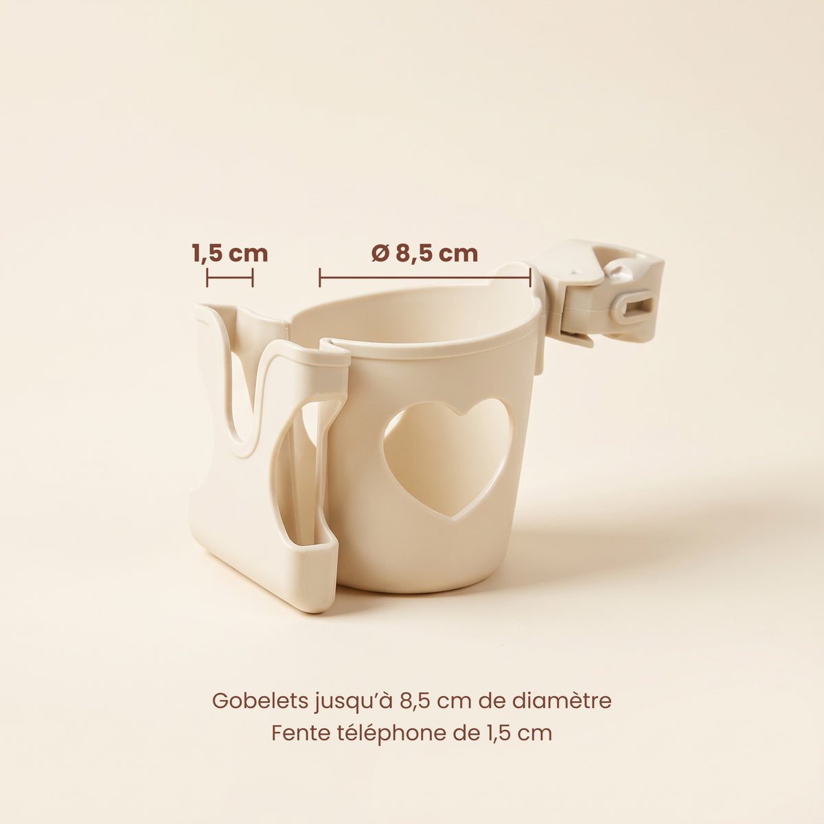 Dimensions du porte-gobelet : 8,5 cm de diamètre, fente téléphone de 1,5 cm