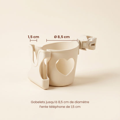 Dimensions du porte-gobelet : 8,5 cm de diamètre, fente téléphone de 1,5 cm